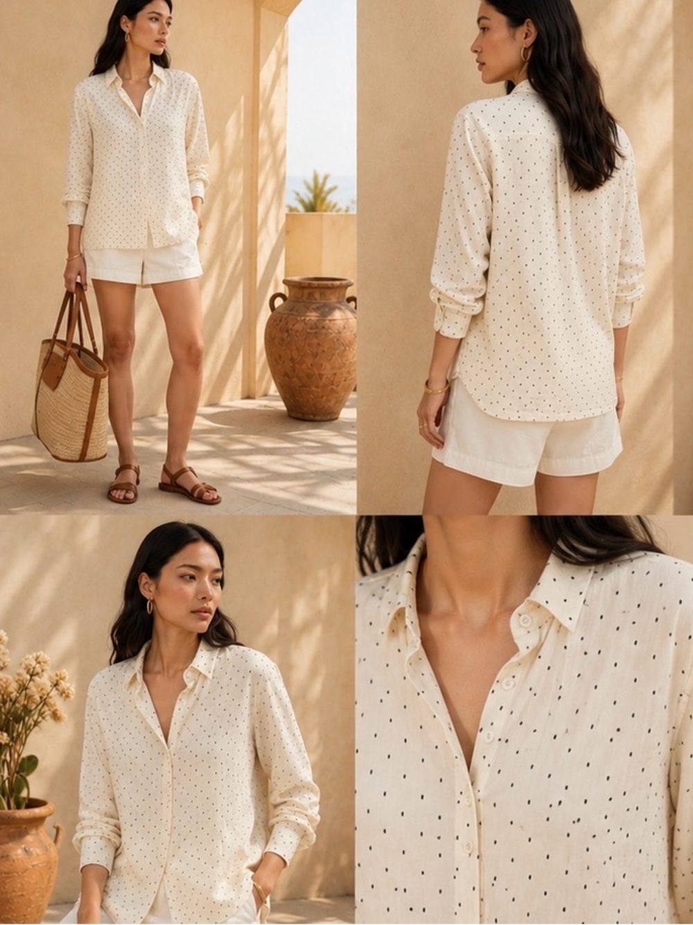 Silk Vintage Button Down Size 14 Cream with Brown Geometric Print - Picture 2 of 9